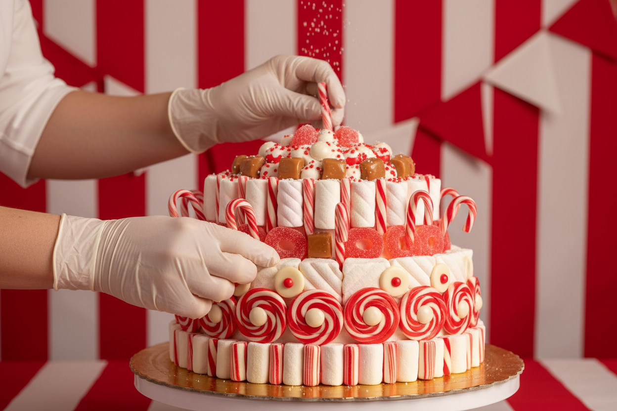 Eve usare i guanti per igene la torta solo di caramelle e marshmellow